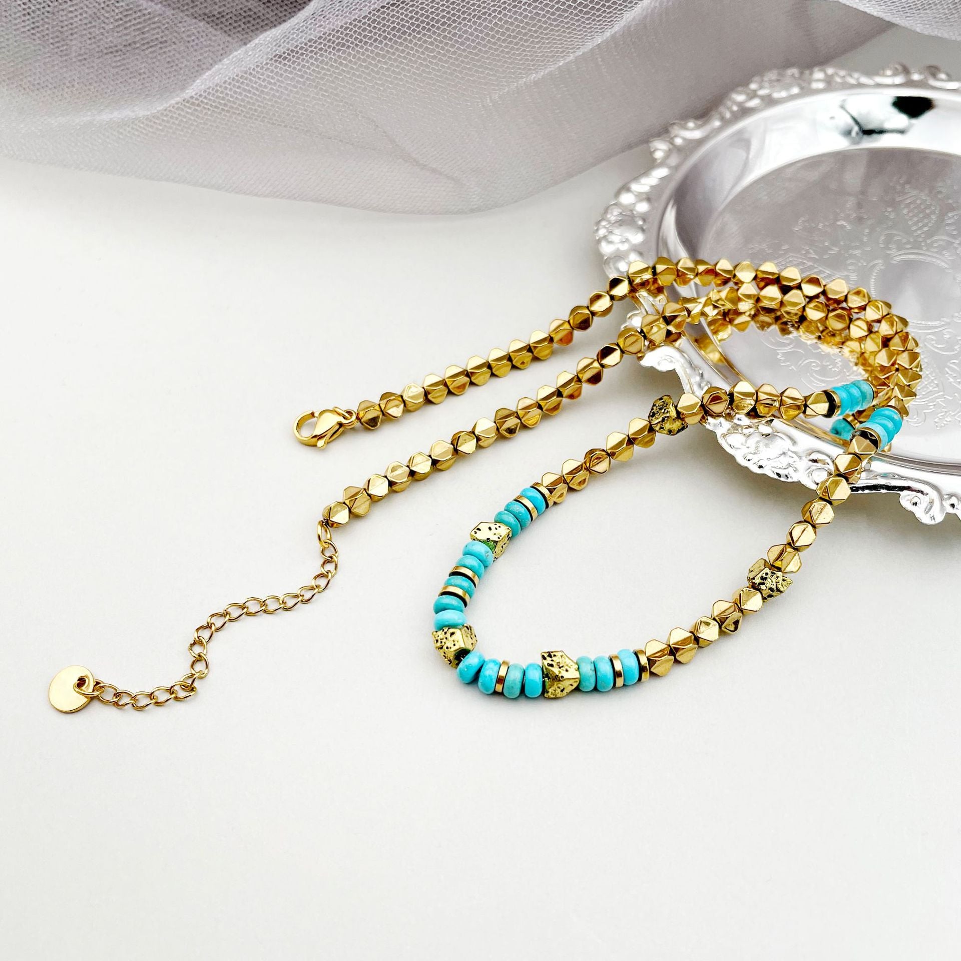 Wholesale Mix and Match Blue Natural Stone Beaded Stainless Steel Necklaces